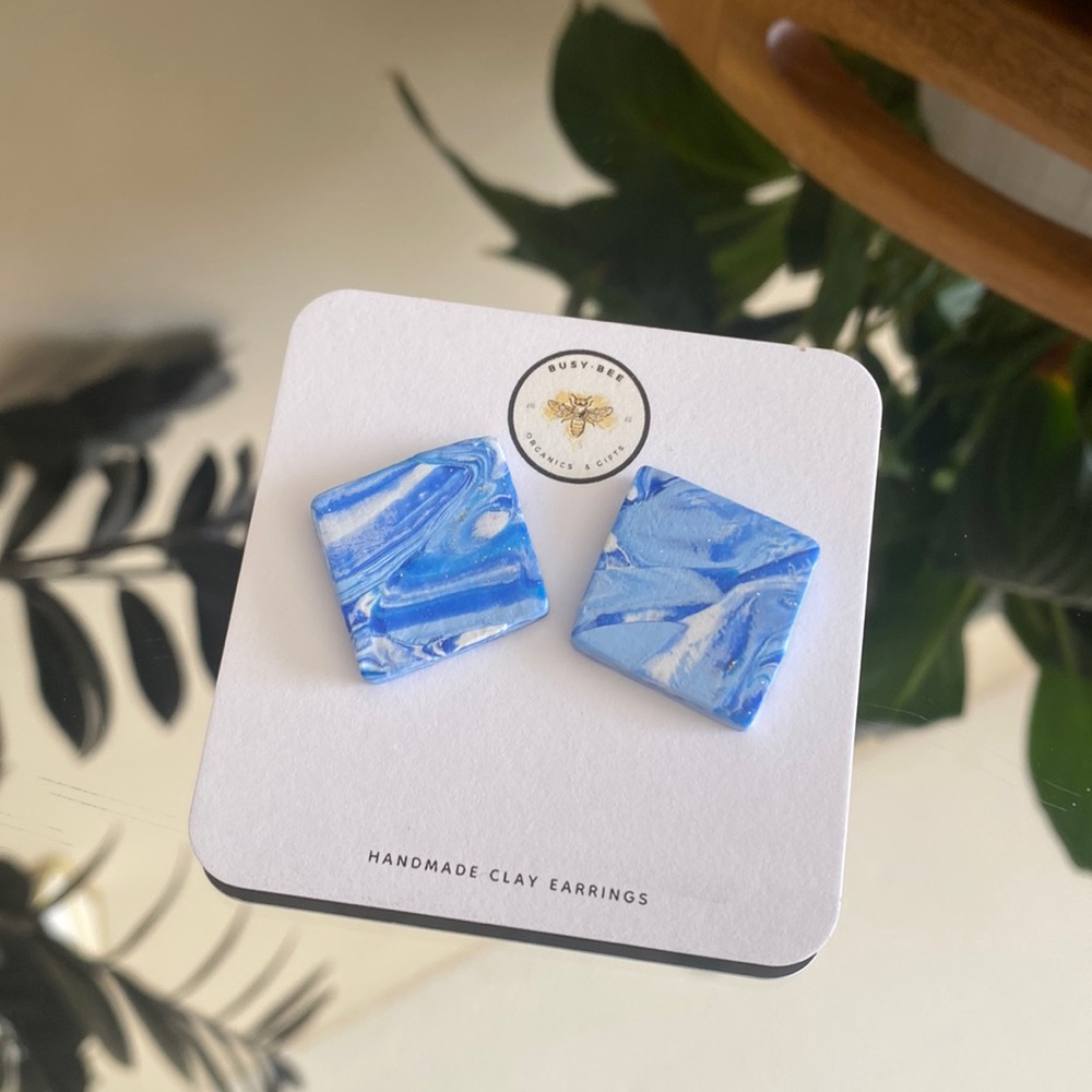 SQAURE BLUE MARBLE CLAY STUD EARRINGS